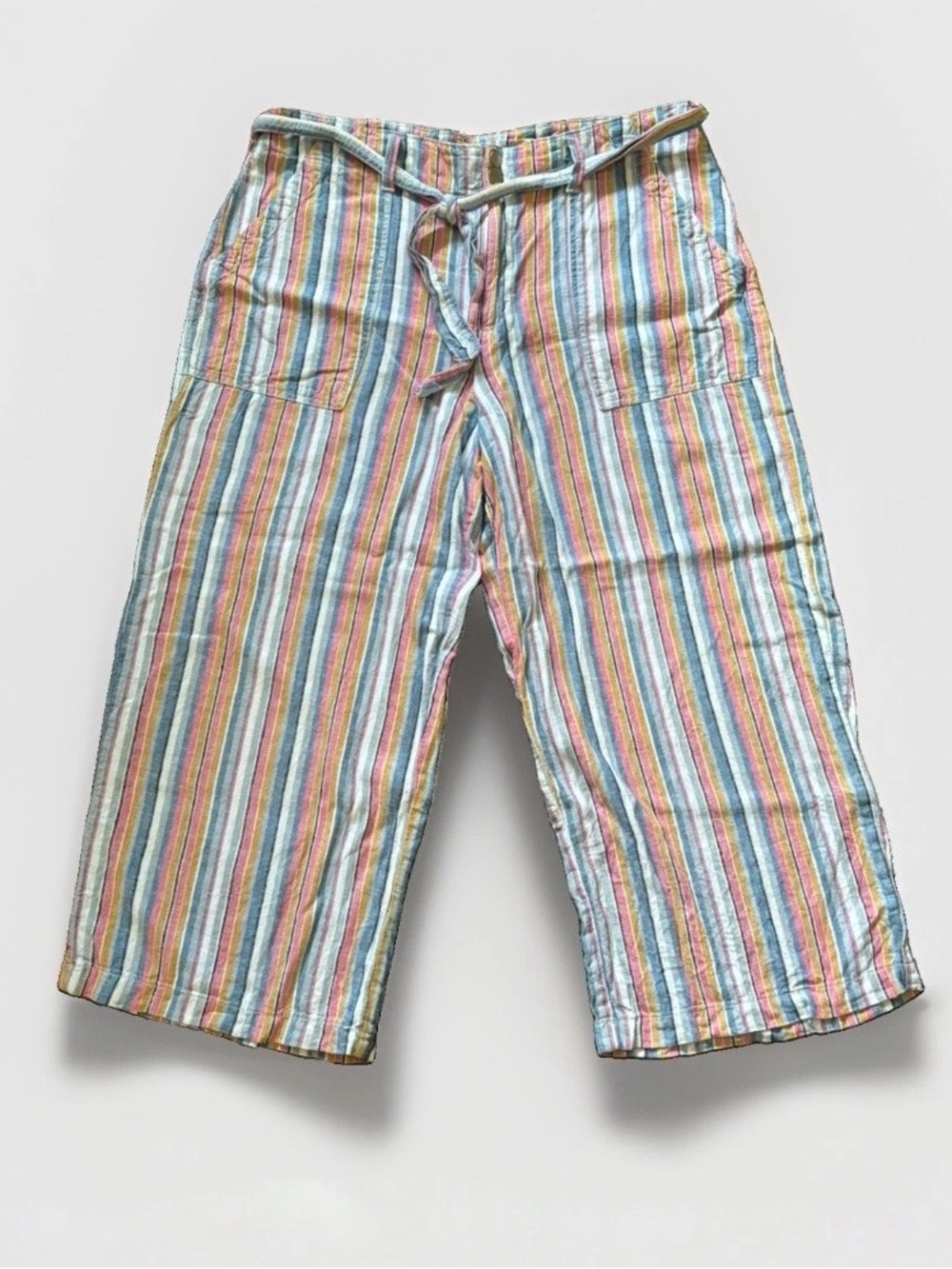 Seven7 For all Mankind Pastel Striped Pull-On Linen Blend Cropped Trousers Sz 14